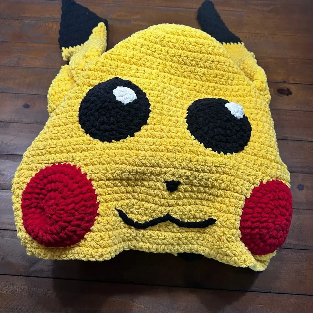 Pokémon Pikachu Hooded Throw Crochet Handmade Blanket Hand Knit Knitted Gift